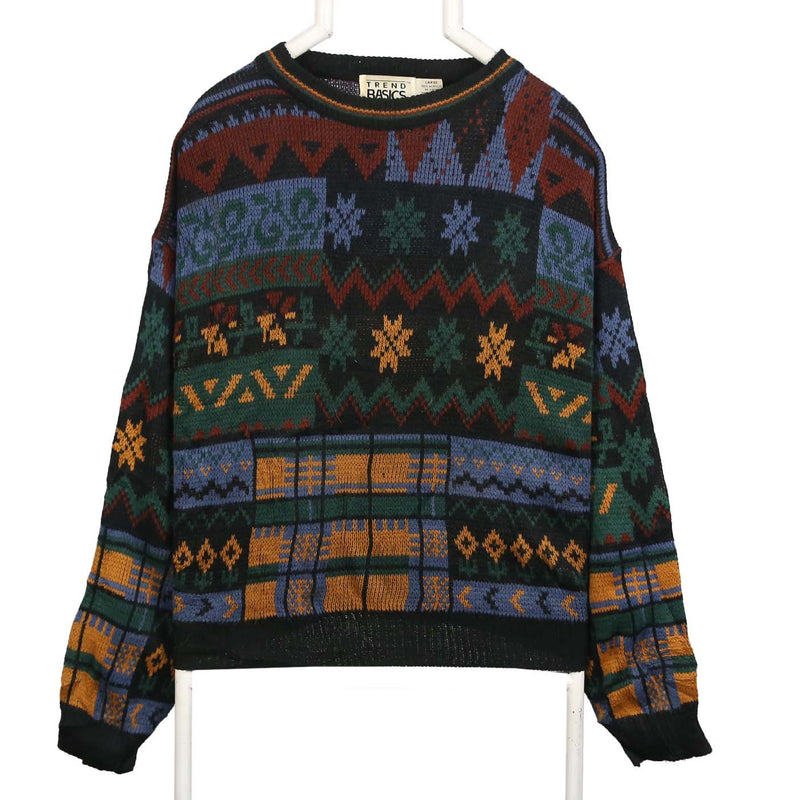 Trend Basic 90's Knitted Crewneck Aztec Fleece Jumper Large Brown