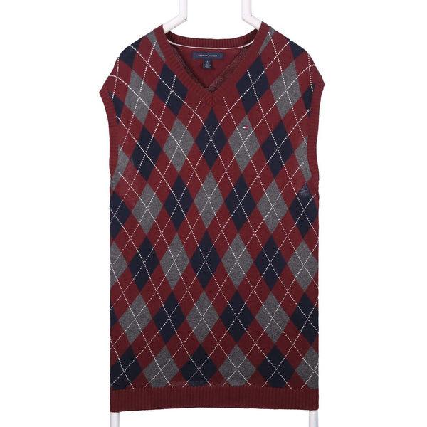 Tommy Hilfiger 90's small logo Striped Check Vests XLarge Burgundy Red