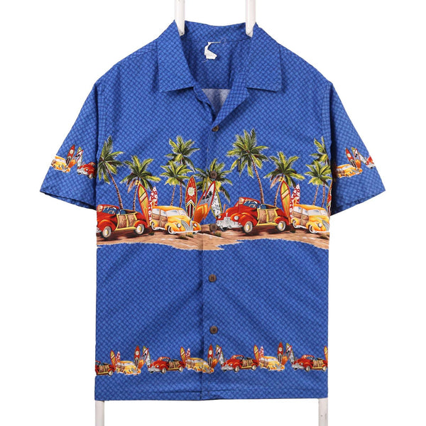 Hawaii 90's Revere Collar Printed Short Sleeve Button Up Shirt Small Blue