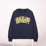 Vintage club 90's Graceland University Spellout Logo Long Sleeve Sweatshirt Medium Navy Blue