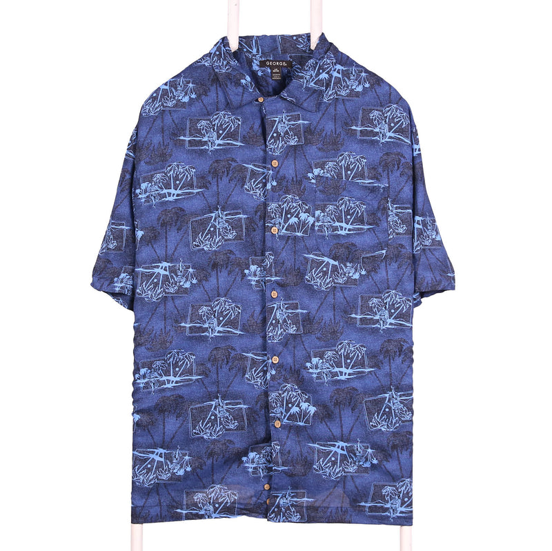 George 90's Palm Trees Short Sleeve Button Up Shirt Large Navy Blue