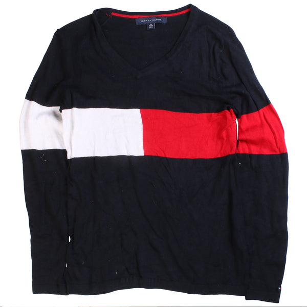 Tommy  Knitted V Neck Striped Jumper / Sweater XSmall Black