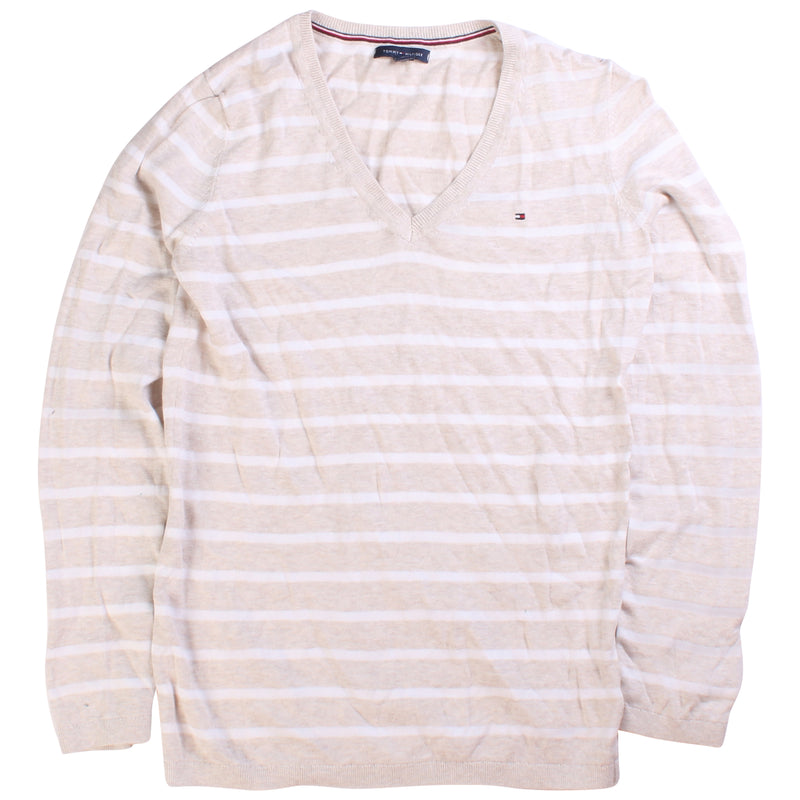 Tommy  Knitted Striped V Neck Jumper / Sweater Small Beige Cream