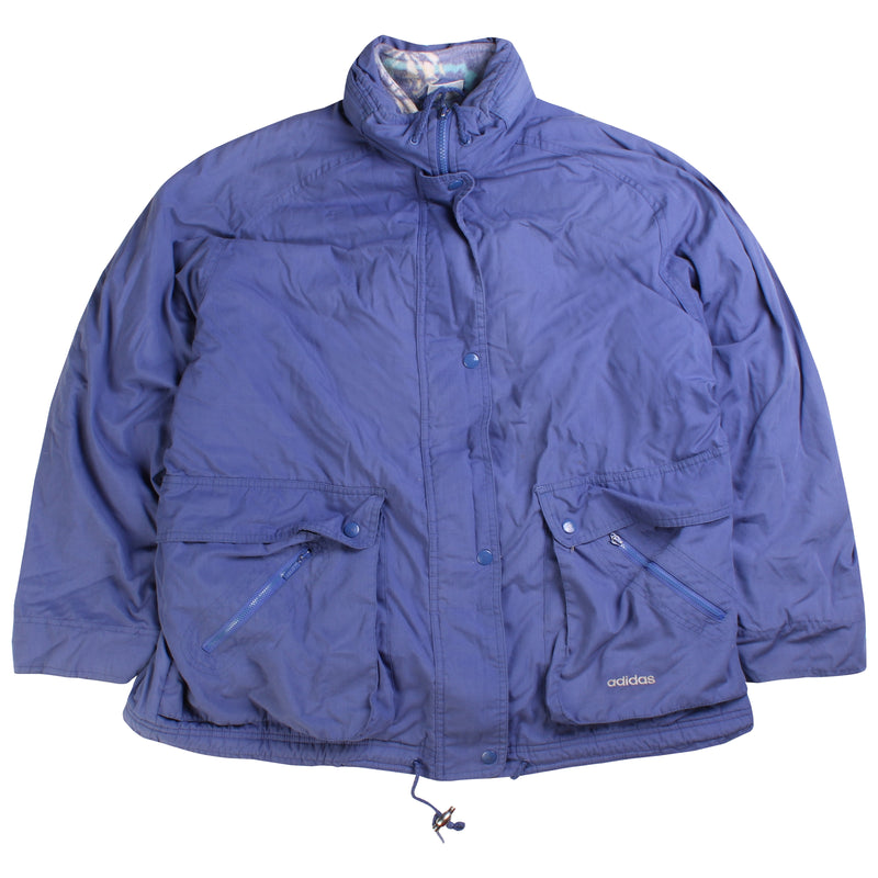 Adidas Full Zip Up Back Print Hood in collar Puffer Jacket Women's Large Blue