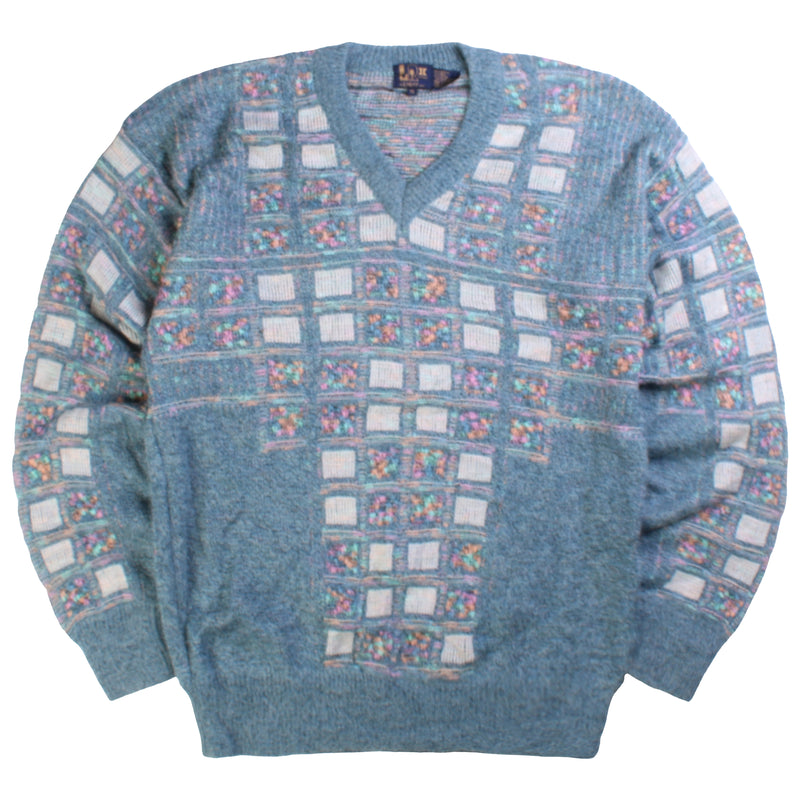 LR11 V Neck Knitted 80s Jumper / Sweater Men's Small Blue