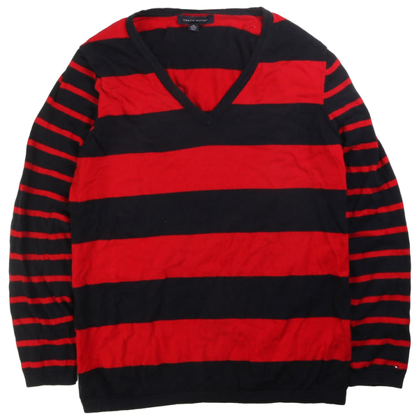 Tommy Hilfiger  Striped V Neck Jumper / Sweater XLarge Red