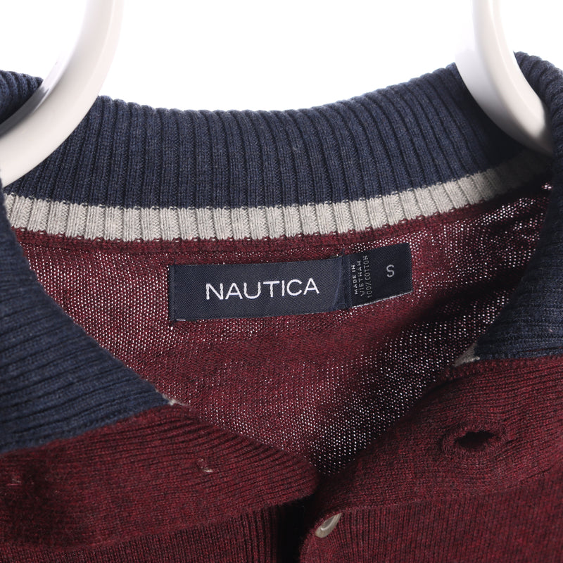 Nautica 90's Quarter Button Knitted Jumper / Sweater Small Burgundy Red