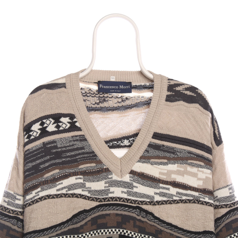 Francesco Morri 90's Coogi Style V Neck Knitted Jumper / Sweater XLarge Beige Cream