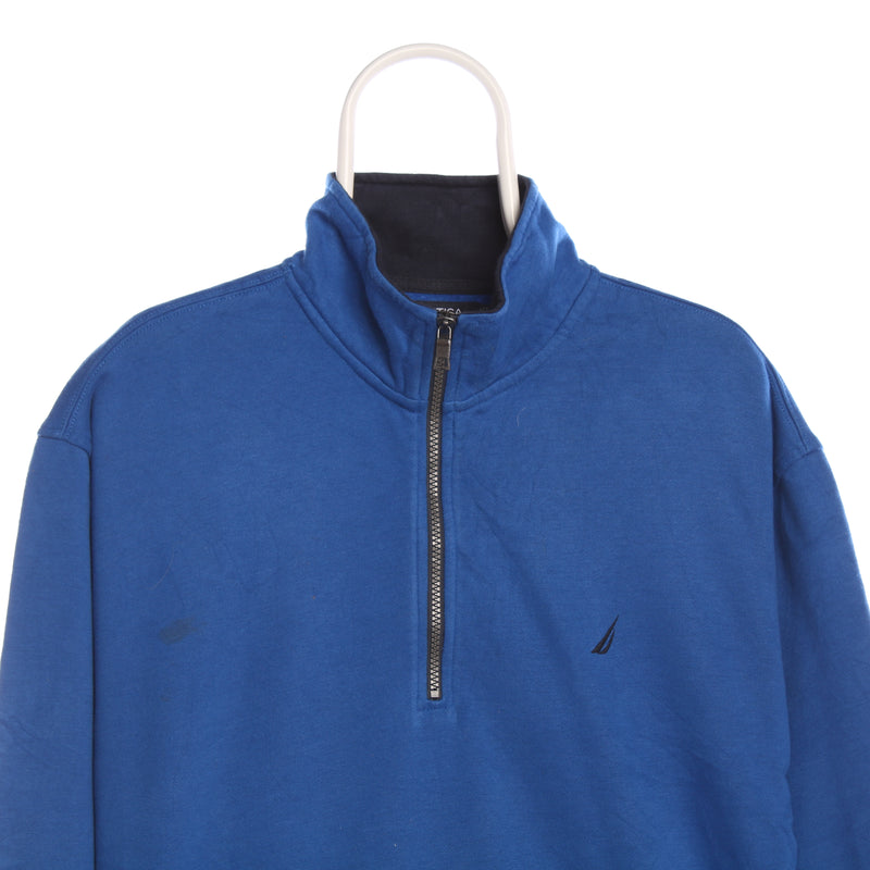 Nautica 90's Quarter Zip Cotton Jumper Sweatshirt XLarge Blue