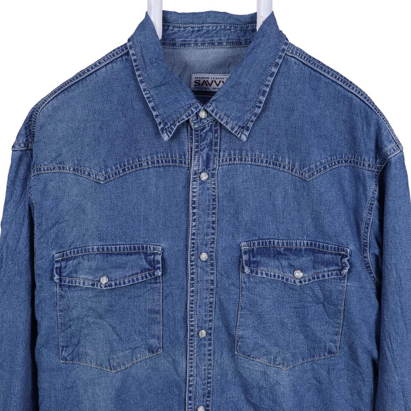 Savvy 90's Denim Long Sleeve Button Up Shirt Large Blue