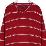 Tommy Hilfiger 90's Striped Knitted Jumper / Sweater Large Burgundy Red