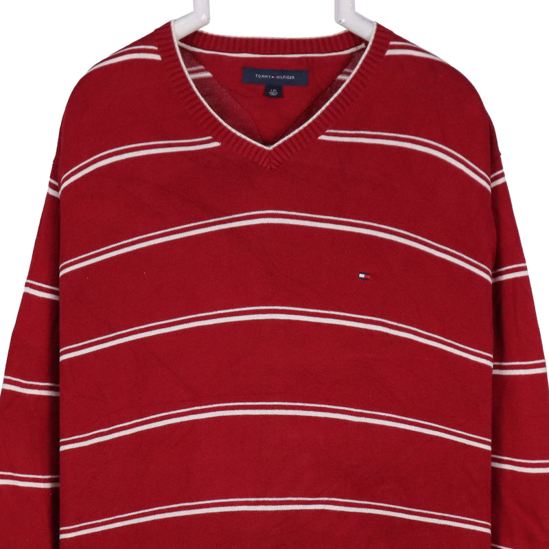 Tommy Hilfiger 90's Striped Knitted Jumper / Sweater Large Burgundy Red