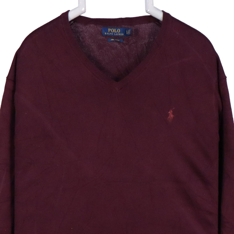 Polo Ralph Lauren 90's Knitted V Neck Jumper / Sweater XLarge Burgundy Red