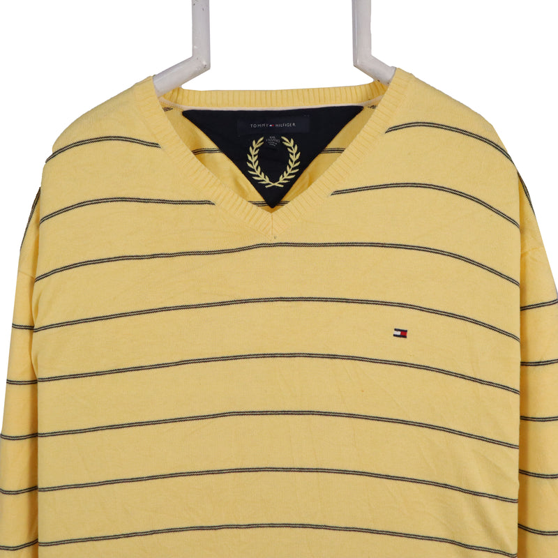 Tommy Hilfiger 90's Knitted Striped V Neck Jumper / Sweater XXLarge (2XL) Yellow