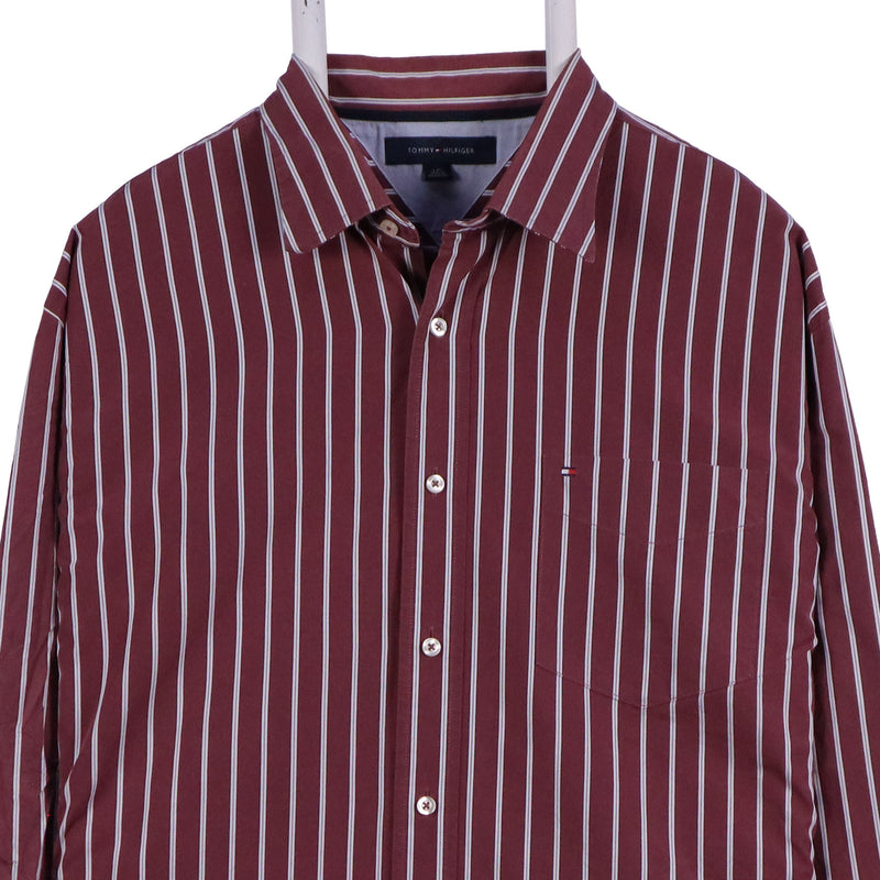 Tommy Hilfiger 90's Long Sleeve Button Up Striped Shirt Large Burgundy Red