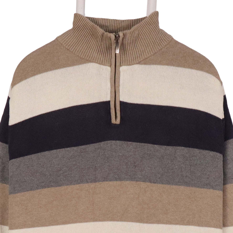 Tommy Hilfiger 90's Quarter Zip Striped Jumper / Sweater Large Grey