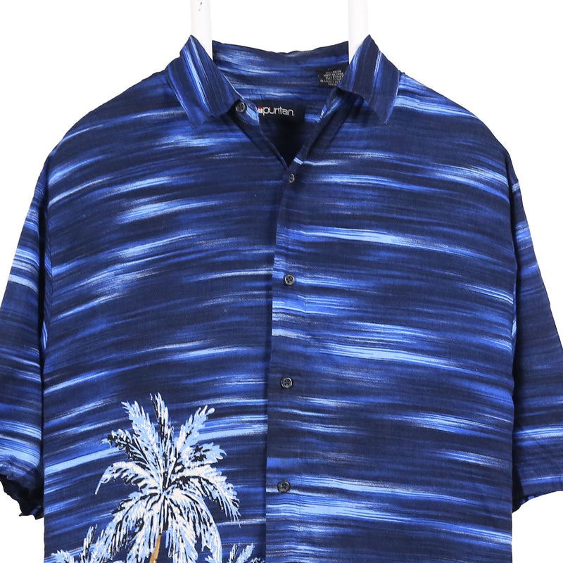 Puritan 90's Short Sleeve Button Up Graphic Shirt Medium Blue