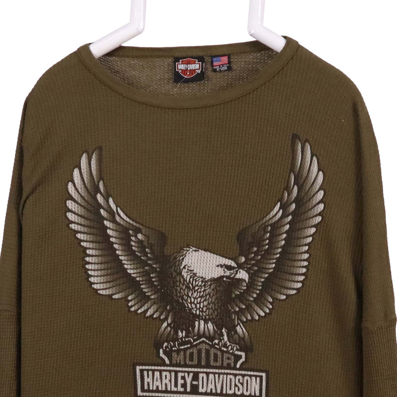 Harley Davidson 90's Long Sleeve Crewneck Spellout Logo Sweatshirt XXLarge (2XL) Khaki Green