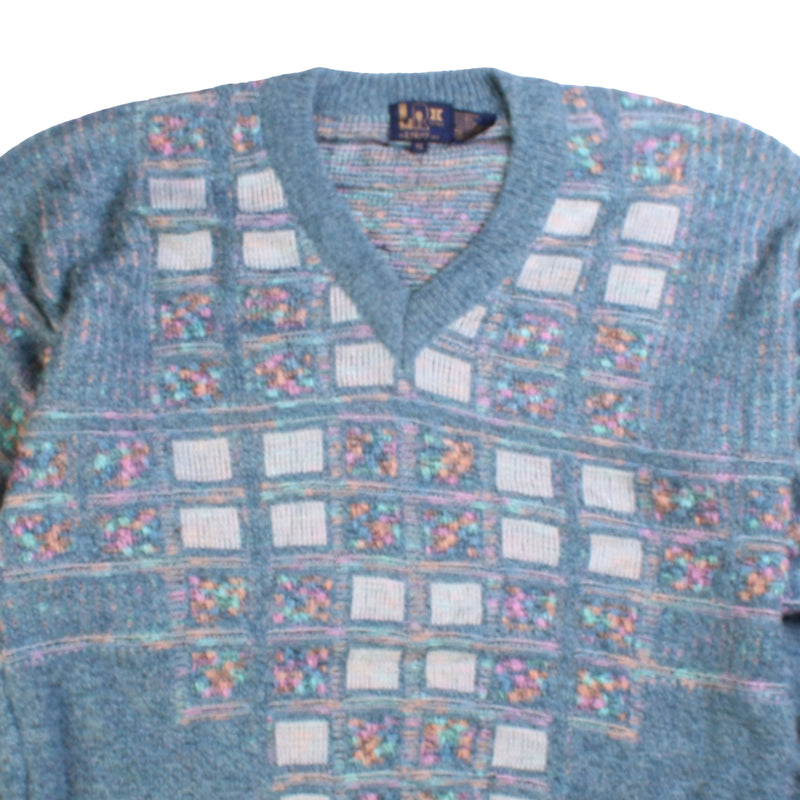 LR11 V Neck Knitted 80s Jumper / Sweater Men's Small Blue