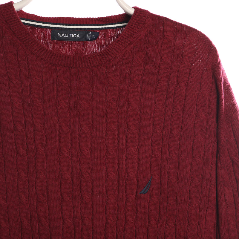 Nautica 90's Cable Knitted Crewneck Jumper XLarge Red