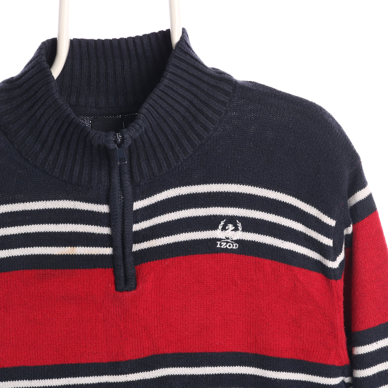 Izod 90's Quarter Zip Striped Knitted Jumper / Sweater XLarge Navy Blue