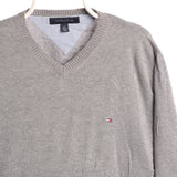 Tommy Hilfiger 90's Knitted V Neck Jumper / Sweater Large Grey