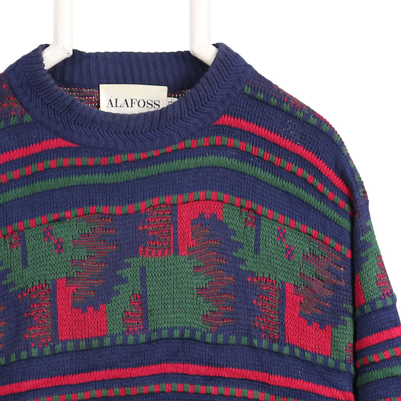 Alafoss 90's Knitted Striped Aztec Jumper XLarge Blue