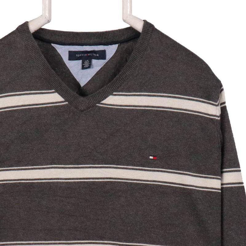 Tommy Hilfiger 90's Knitted V Neck Striped Jumper Large Grey