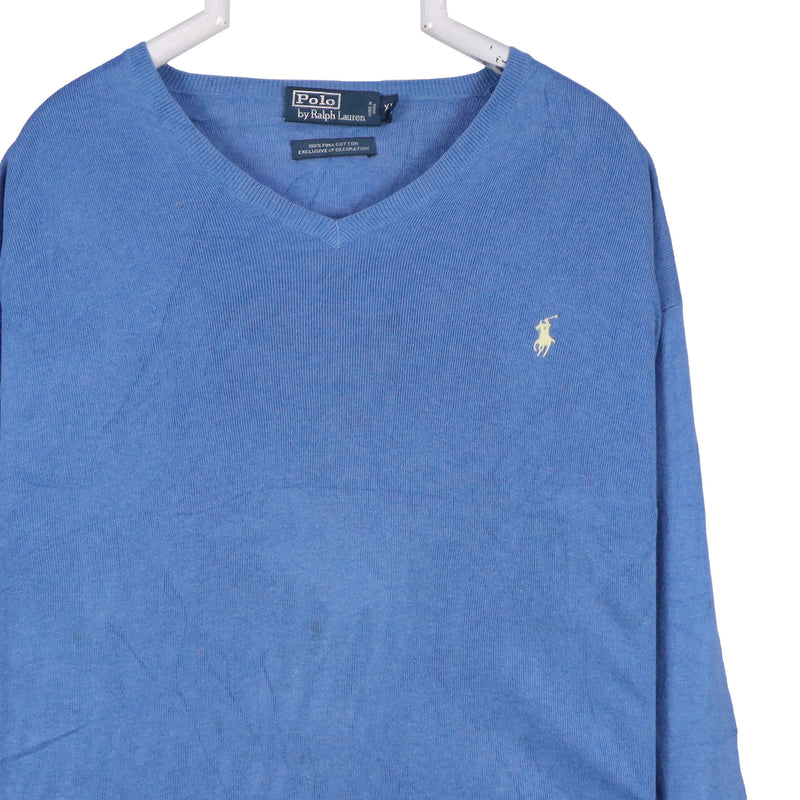 Polo Ralph Lauren 90's Knitted V Neck Jumper / Sweater XLarge Blue