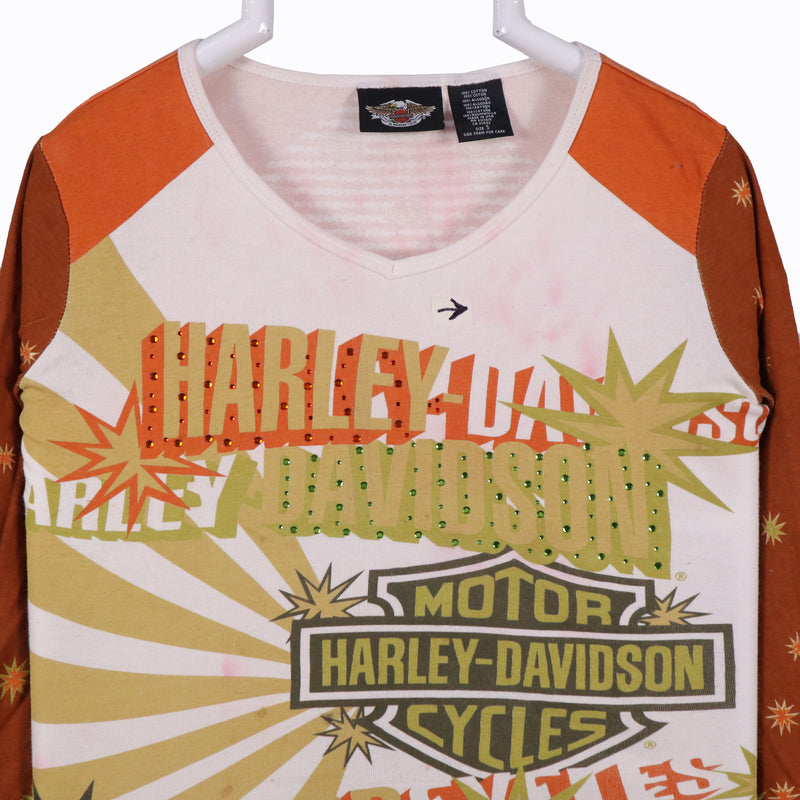 Harley Davidson 00's Y2K Long Sleeve V Neck T Shirt Small Brown