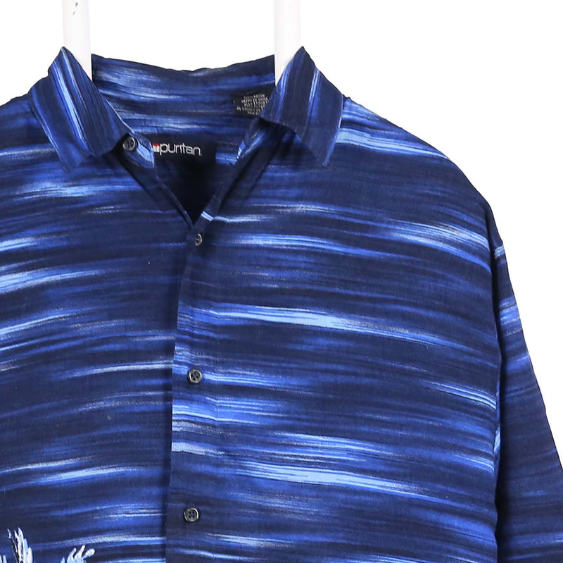Puritan 90's Short Sleeve Button Up Graphic Shirt Medium Blue