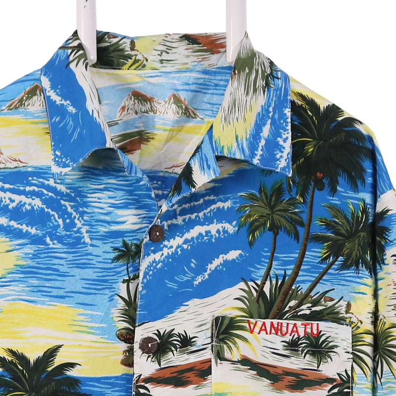 Van Heusen 90's Hawaiian Pattern Short Sleeve Button Up Shirt Large Blue