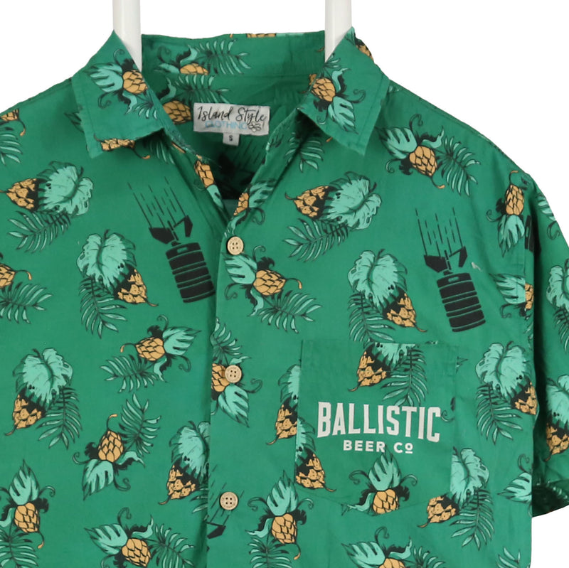Island Style 90's Graphic Short Sleeve Button Up Shirt Small Green