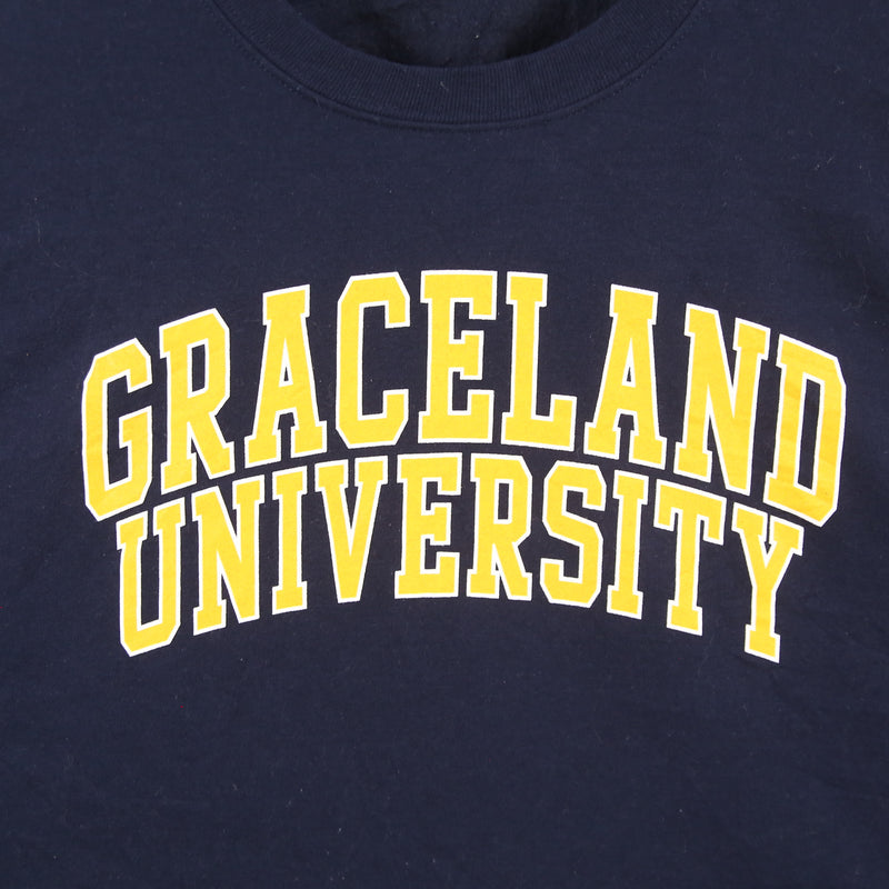 Vintage club 90's Graceland University Spellout Logo Long Sleeve Sweatshirt Medium Navy Blue