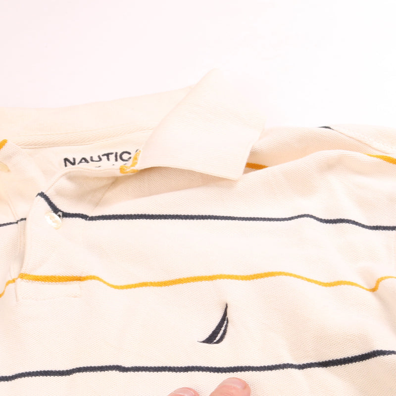 Nautica  Striped Short Sleeve Button Up Polo Shirt Small Beige Cream