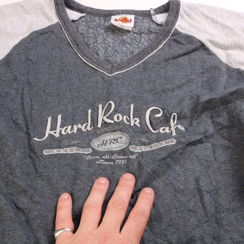 Hard Rock Cafe  Spellout Long Sleeve V Neck T Shirt Small Grey