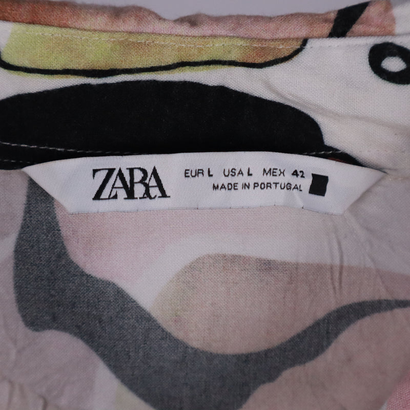 Zara 90's Short Sleeve Printed Button Up Shirt Medium Beige Cream