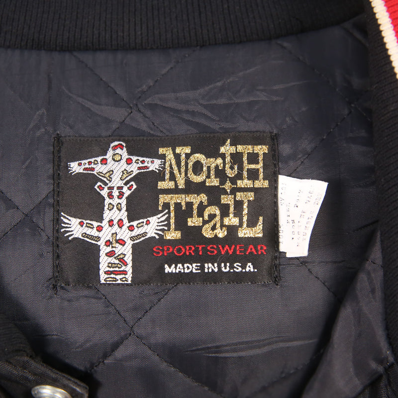 North Trail 90's Nylon Bomber Button Up Back Print Varsity Jacket XLarge Black