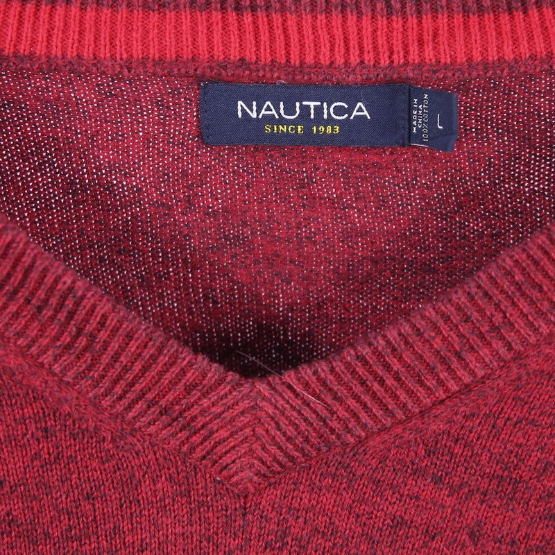 Nautica 90's Knitted V Neck Jumper / Sweater Large Burgundy Red