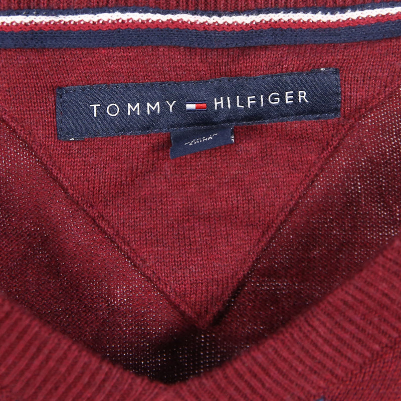 Tommy Hilfiger 90's Prep Knitted V Neck Jumper / Sweater Large Burgundy Red