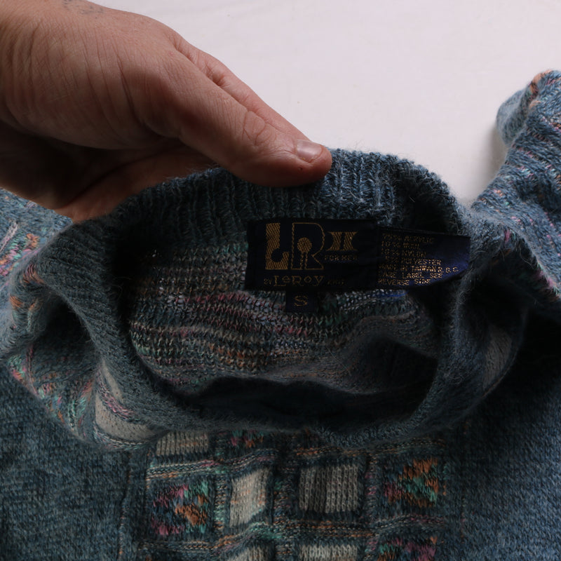 LR11 V Neck Knitted 80s Jumper / Sweater Men's Small Blue