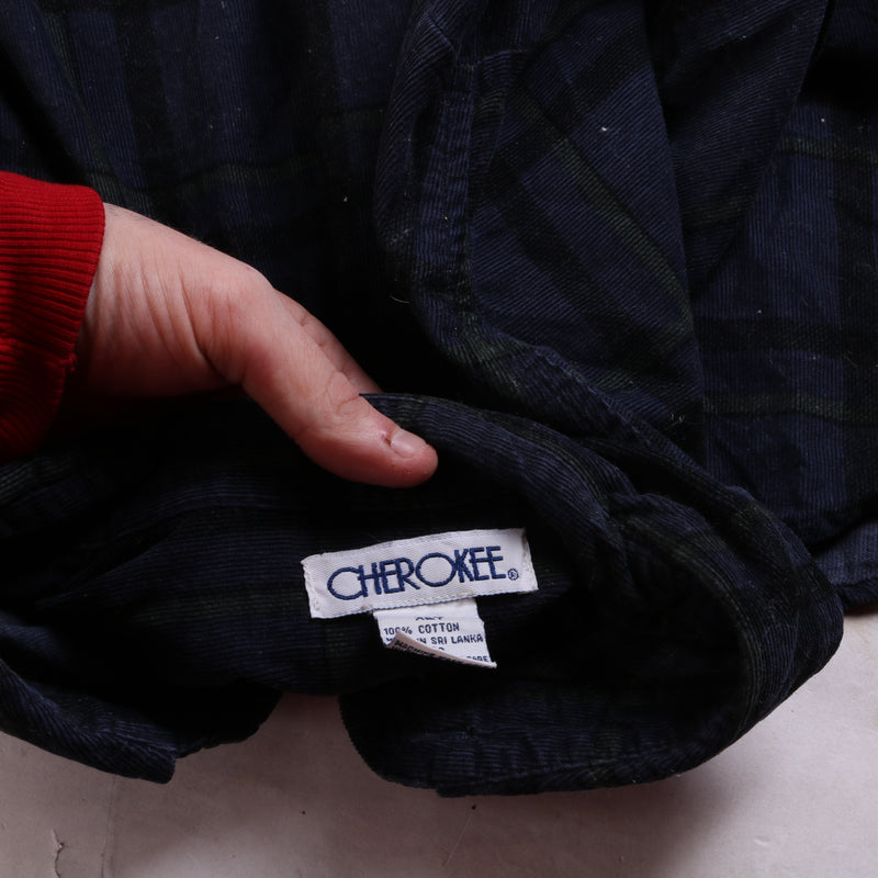 Cherokee  Corduroy Check Long Sleeve Button Up Shirt XLarge Navy Blue