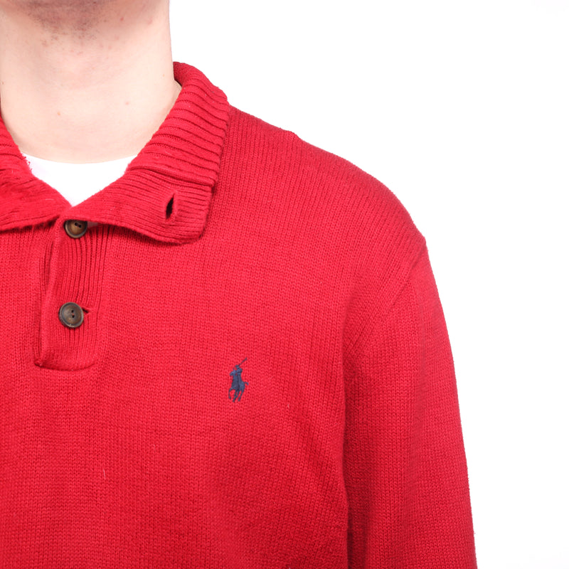 Ralph Lauren - Red Embroidered Quarter Button Jumper - XLarge