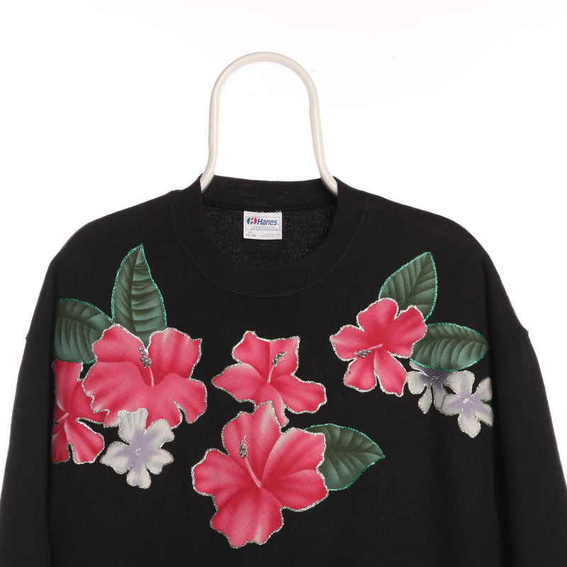 Hanes 90's Long Sleeve Crewneck Flower Sweatshirt Xlarge Black